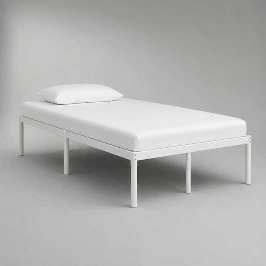 Letto singolo in acciaio bianco con materasso e cuscino, superficie di riposo 90 x 200 cm