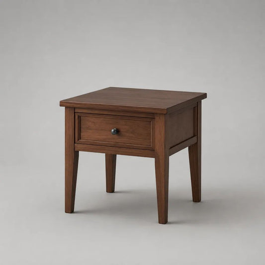 Tavolino laterale rettangolare in legno con cassetto, marrone noce e nero, 45 x 40 x 55 cm