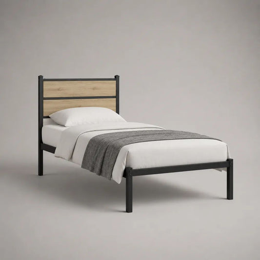 Letto singolo 90 x 200 cm in acciaio con testiera in legno, Nero/Rovere naturale, 96 x 208 x 110 cm