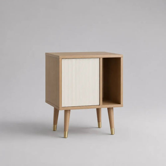 Comodino rettangolare in MDF e legno con anta scorrevole, rovere chiaro e bianco, 50 × 35 × 60 cm