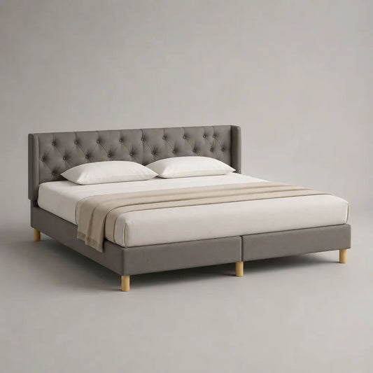 Letto matrimoniale imbottito in velluto grigio con testiera capitonné, rete 160 x 200 cm, dimensioni 175 x 216 x 112 cm