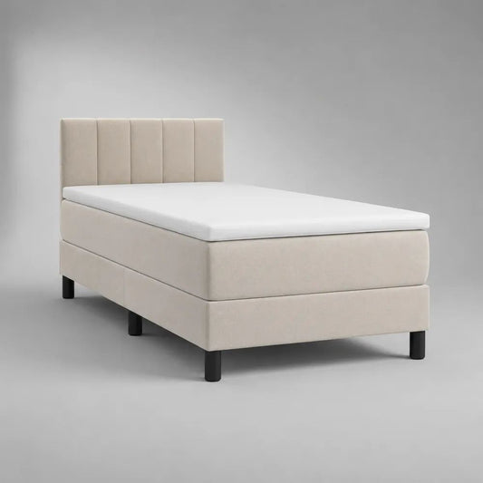 Letto singolo boxspring imbottito beige con materasso, sovramaterasso e testiera, superficie di riposo 90 x 200 cm, dimensioni 100 x 210 x 110 cm