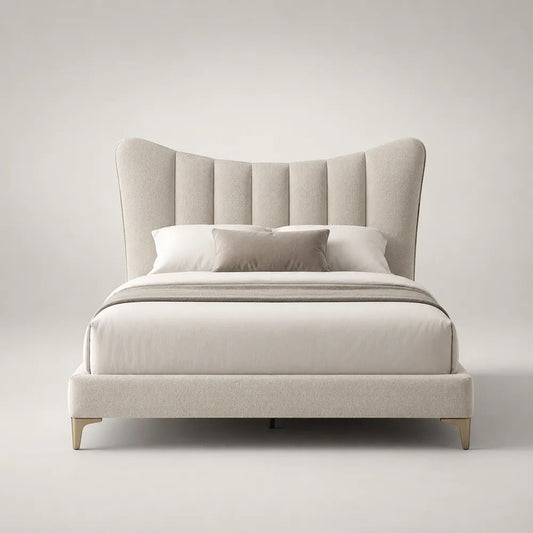 Letto matrimoniale imbottito 160 x 200 cm in bouclé di poliestere beige con testiera alata e rete a doghe, 190 x 220 x 140 cm