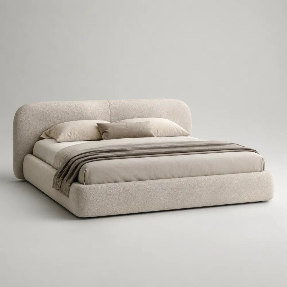 Letto matrimoniale imbottito in tessuto beige crema con testiera arrotondata e rete a doghe, per materasso 160 x 200 cm, 190 x 225 x 100 cm