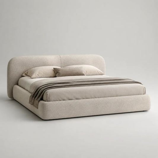 Letto matrimoniale imbottito in tessuto beige crema con testiera arrotondata e rete a doghe, per materasso 160 x 200 cm, 190 x 225 x 100 cm