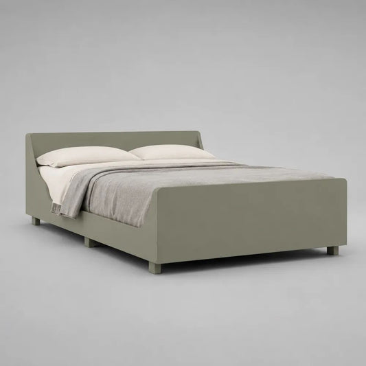 Letto matrimoniale imbottito verde oliva in tessuto e legno, rete 160 x 200 cm, dimensioni 174 x 218 x 100 cm